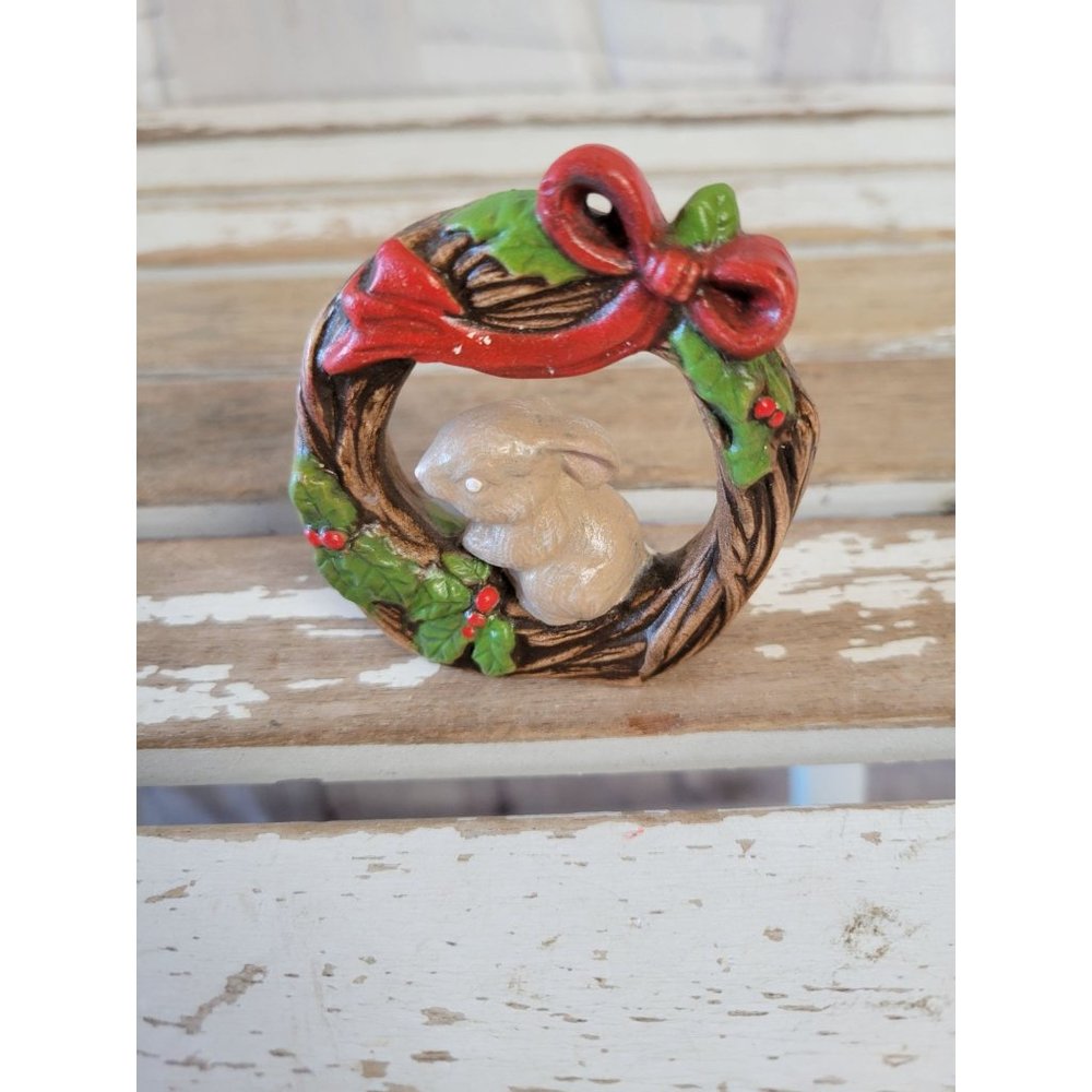 Ceramic vintage wreath bunny rabbit ornament Xmas holiday tree